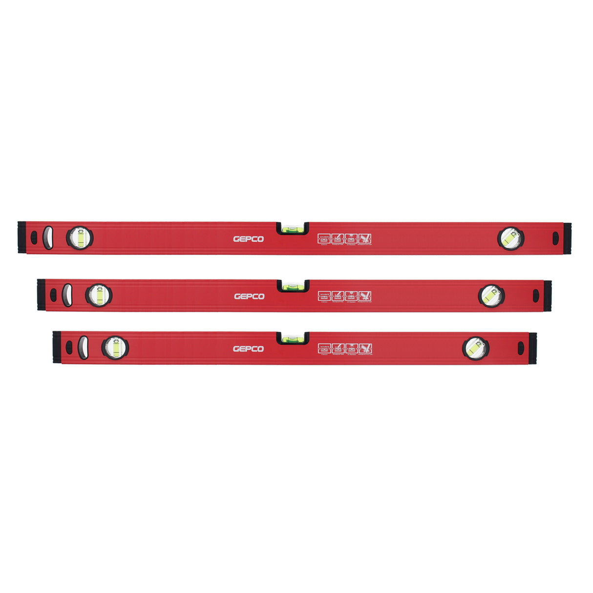 Studio image displaying the 3-piece GEPCO Aluminum Spirit Level Set, featuring 80cm, 90cm, and 100cm lengths. Constructed from lightweight and durable aluminum, these levels are ideal for a variety of tasks where shorter lengths are beneficial. Includes precision vials for accurate leveling at horizontal, vertical, and 45-degree angles. Red and black design scheme. Suitable for DIY enthusiasts and professionals needing compact level sizes