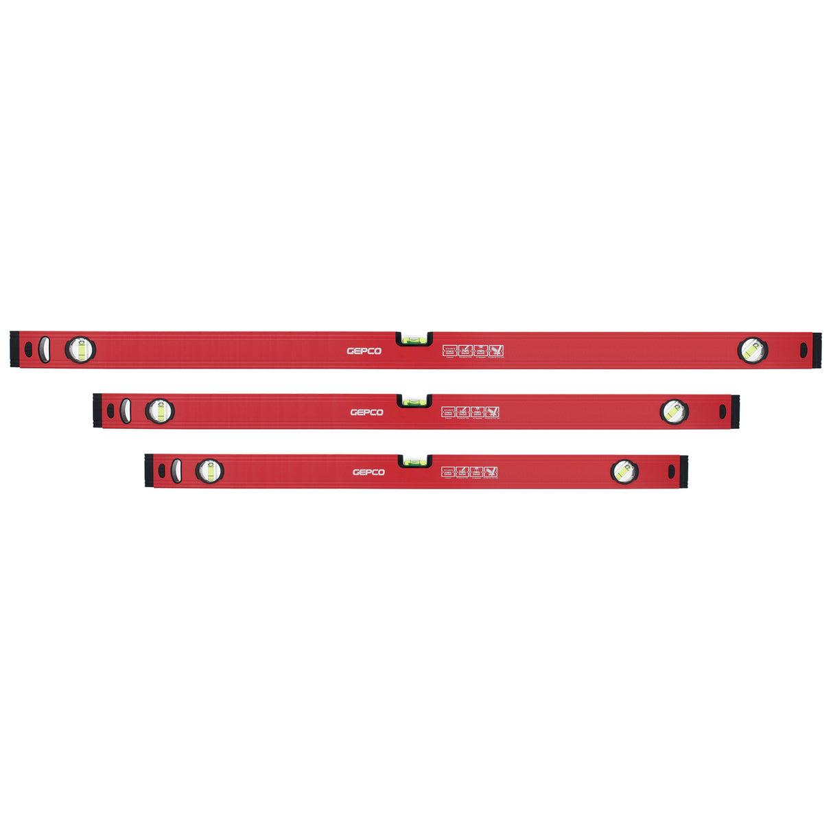 Studio image showcasing the 3-piece GEPCO Professional Aluminum Spirit Level Set. Includes 90cm, 120cm, and 180cm levels, constructed from lightweight yet durable aluminum. Features precision vials for accurate horizontal, vertical, and 45-degree leveling. Ideal for builders, carpenters, and serious DIY enthusiasts. Red and black color scheme