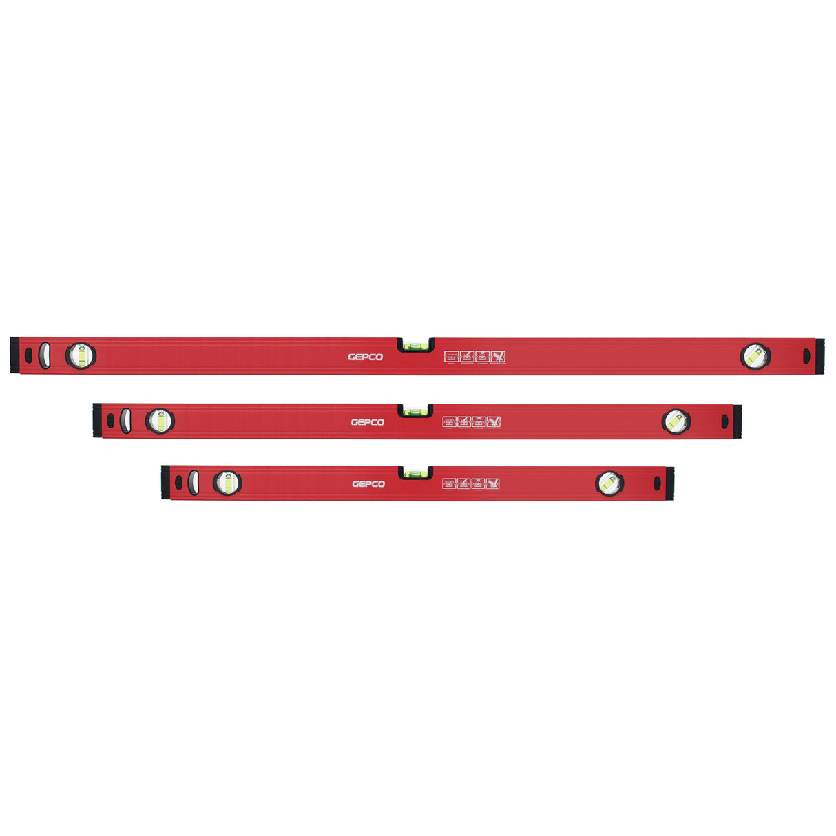 GEPCO professional 3-piece spirit level set. Includes 80cm, 120cm, and 180cm aluminum levels with precision vials for accurate horizontal, vertical, and 45-degree measurements. Ideal for construction and DIY projects.