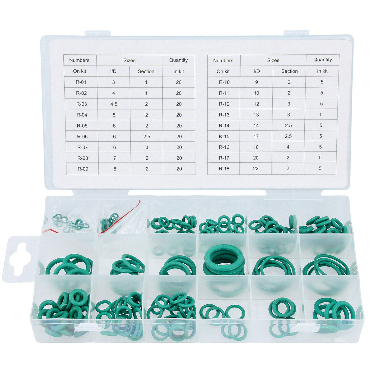 Assortiment de joints toriques HNBR verts 3-22 mm Ø, 225 pcs. Kit de joints d'étanchéité joints en caoutchouc R134a outil de bagues d'étanchéité systèmes de climatisation VERT