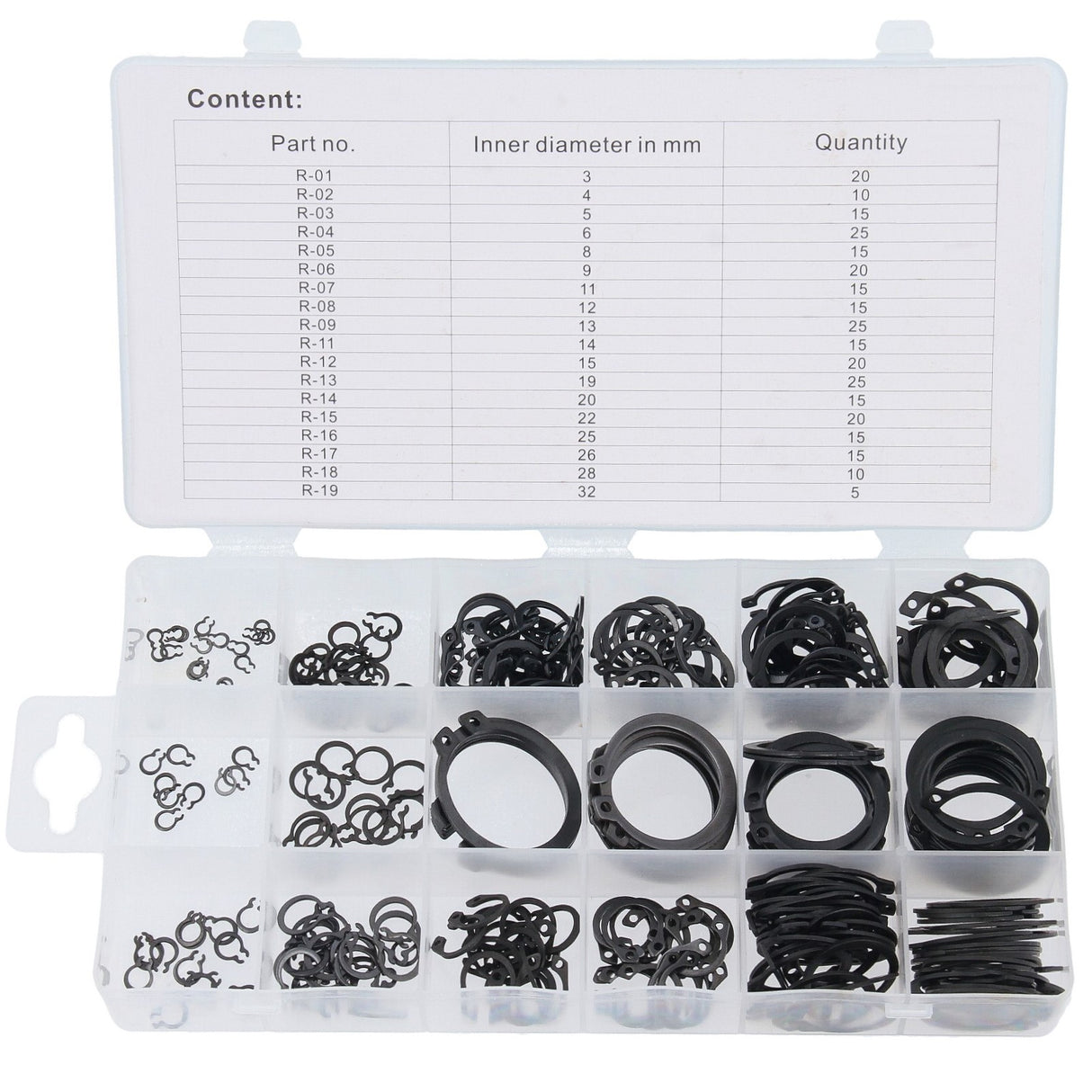 Assortiment de 300 circlips internes Ø3-32 mm + jeu de pinces de verrouillage
