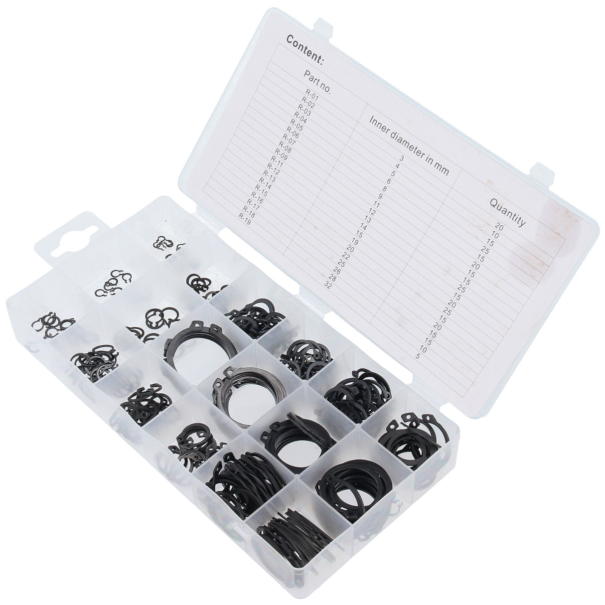 Assortiment de 300 circlips internes Ø3-32 mm + jeu de pinces de verrouillage