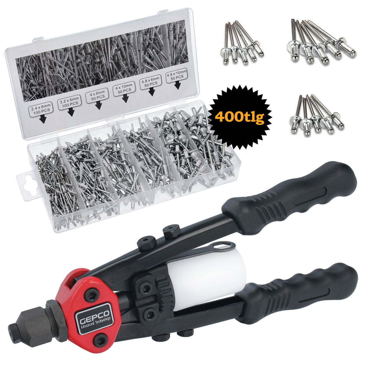 Pince à rivets professionnelle, pince à rivets aveugles, pince à rivets pop, rivets avec boîte de 400 rivets aveugles