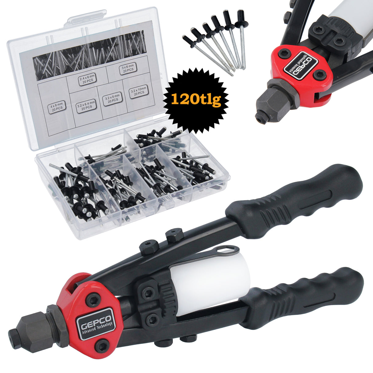 Pince à riveter professionnelle, pince à riveter pop à bras long, pince à riveter aveugle avec jeu de rivets pop 120 pièces