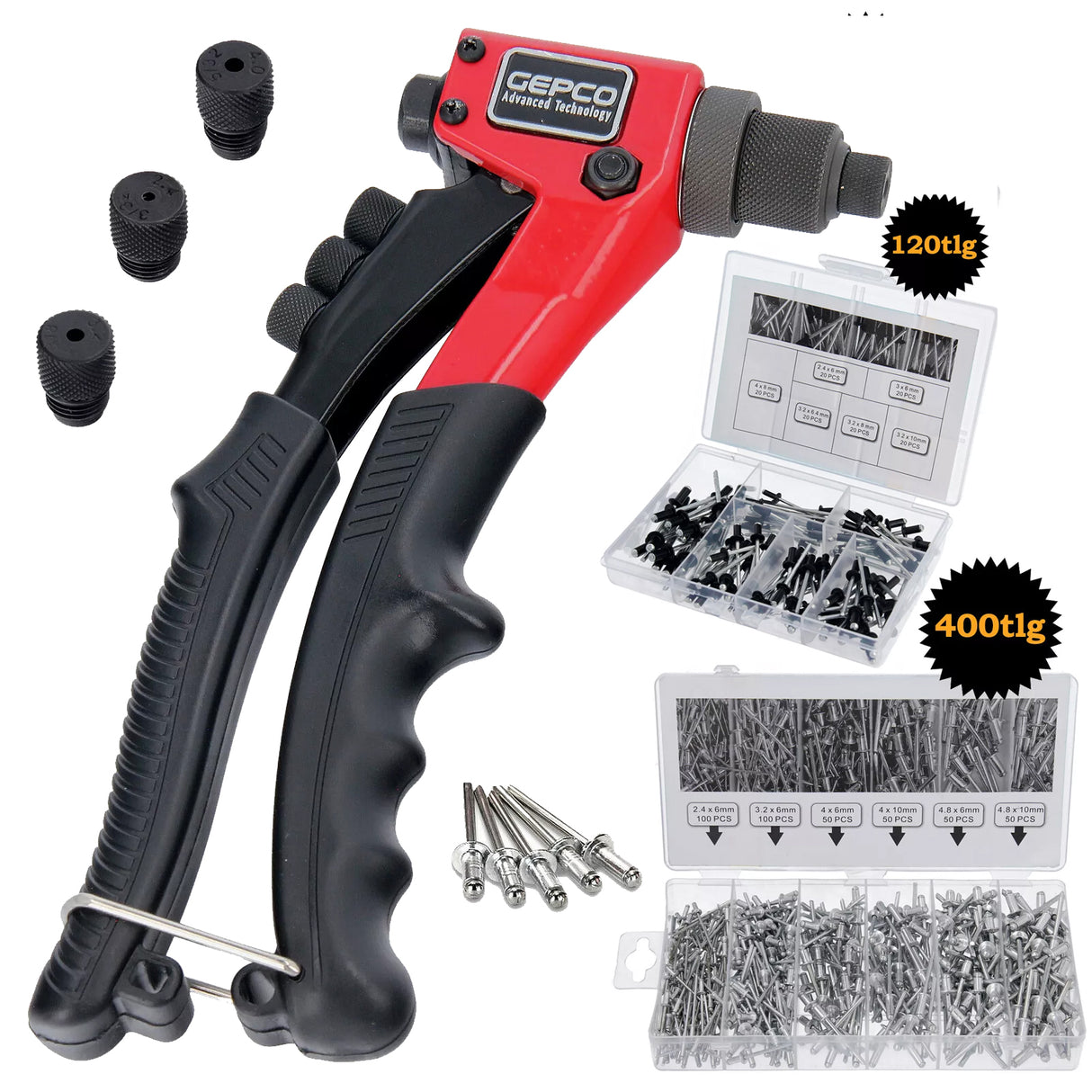 Jeu de pinces à riveter professionnelles pour rivets aveugles avec boîte de 520 pièces (400 + 120 rivets aveugles)