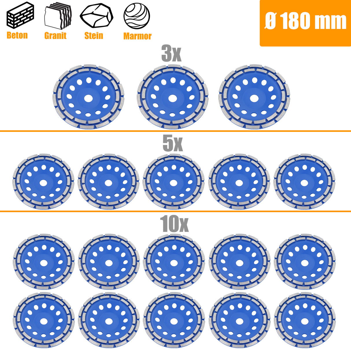 Disque de meulage diamanté à double rangée 3/5/10 pour meule à béton Ø 180 mm