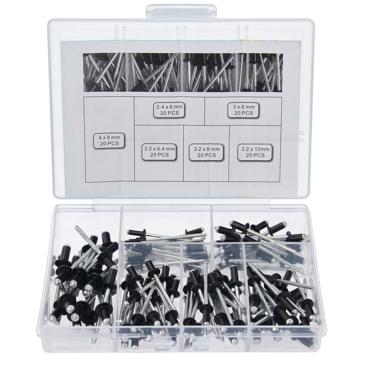 Assortiment de rivets aveugles 2.4 3.0 3.2 4.0 rivets pop à tête plate en aluminium/acier 120 pièces