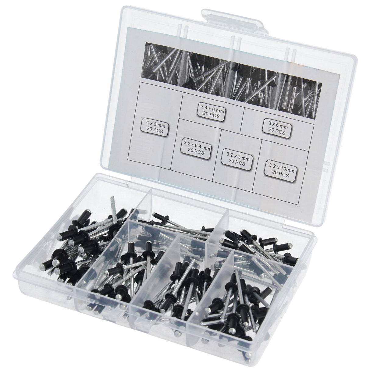 Assortiment de rivets aveugles 2.4 3.0 3.2 4.0 rivets pop à tête plate en aluminium/acier 120 pièces