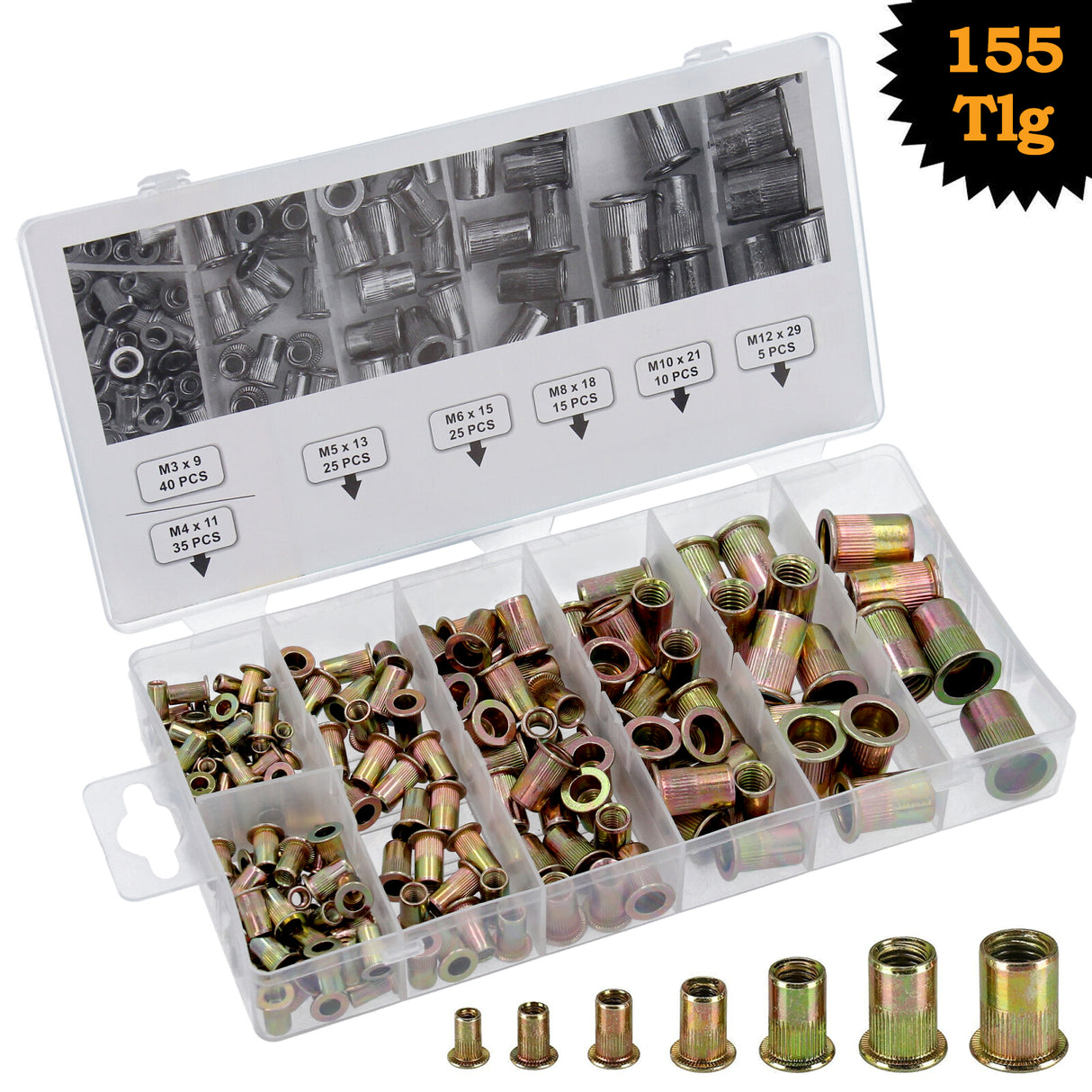 155 pièces Assortiment d'écrous à riveter en acier, jeu d'écrous à riveter aveugles, écrous à riveter M3-M12