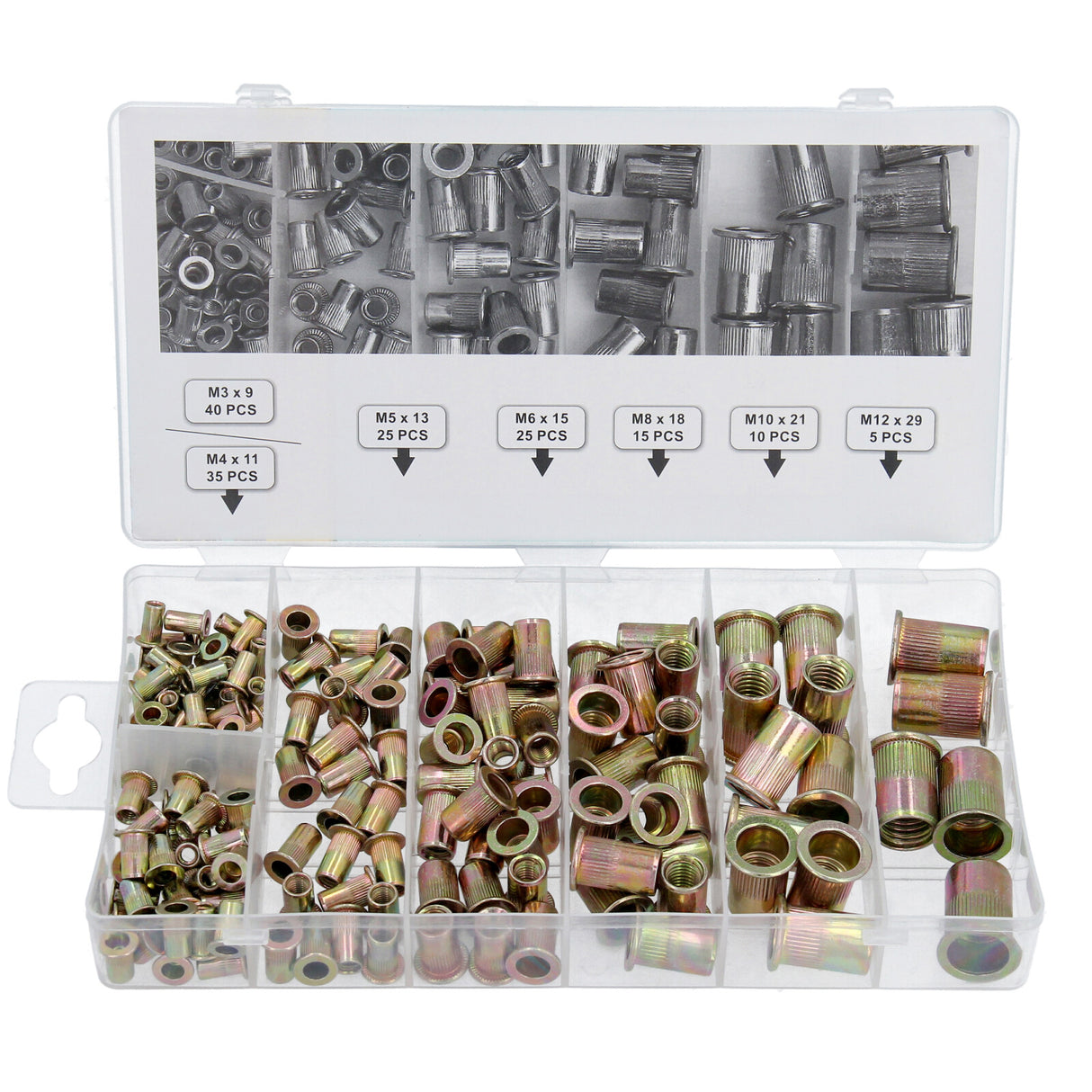 155 pièces Assortiment d'écrous à riveter en acier, jeu d'écrous à riveter aveugles, écrous à riveter M3-M12