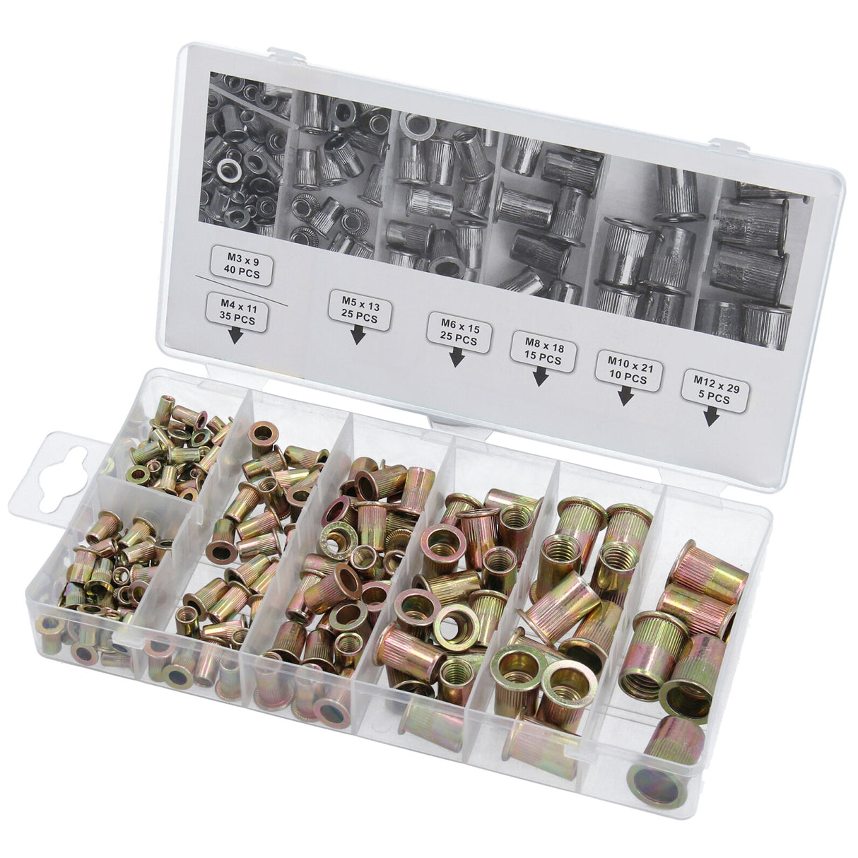 155 pièces Assortiment d'écrous à riveter en acier, jeu d'écrous à riveter aveugles, écrous à riveter M3-M12