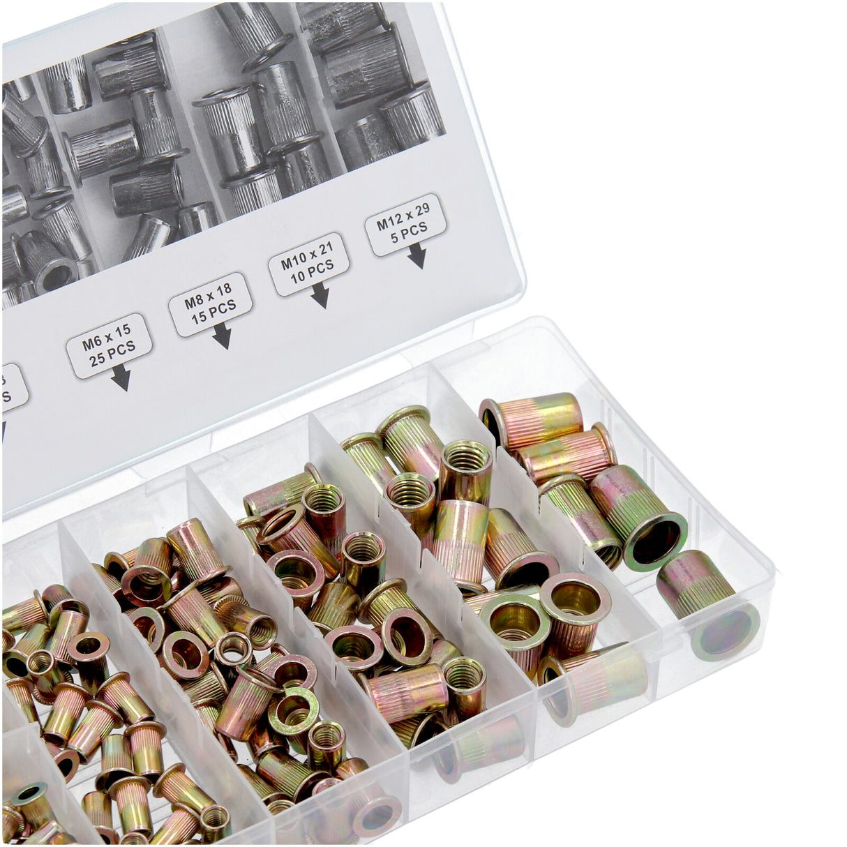 155 pièces Assortiment d'écrous à riveter en acier, jeu d'écrous à riveter aveugles, écrous à riveter M3-M12