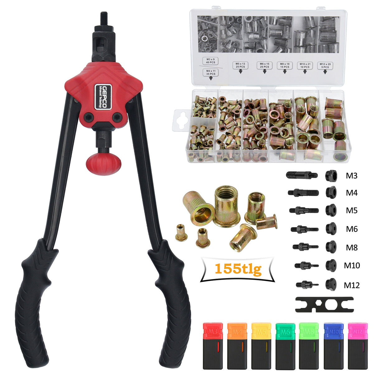 Jeu de pinces à rivets professionnelles 350 mm avec assortiment de 155 écrous à rivets en acier M3-M12