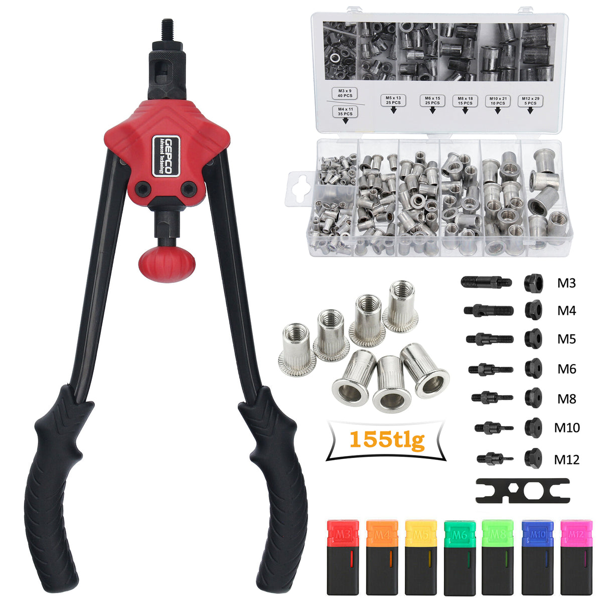 Jeu de pinces à rivets professionnelles 350 mm avec assortiment de 155 écrous à rivets en aluminium M3-M12