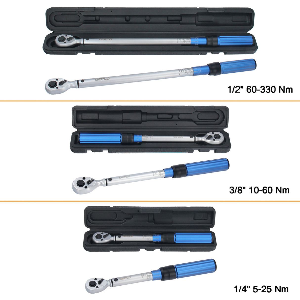 Clé dynamométrique GEPCO 5-330 Nm 1/2" 3/8" 1/4" diverses variantes clé dynamométrique