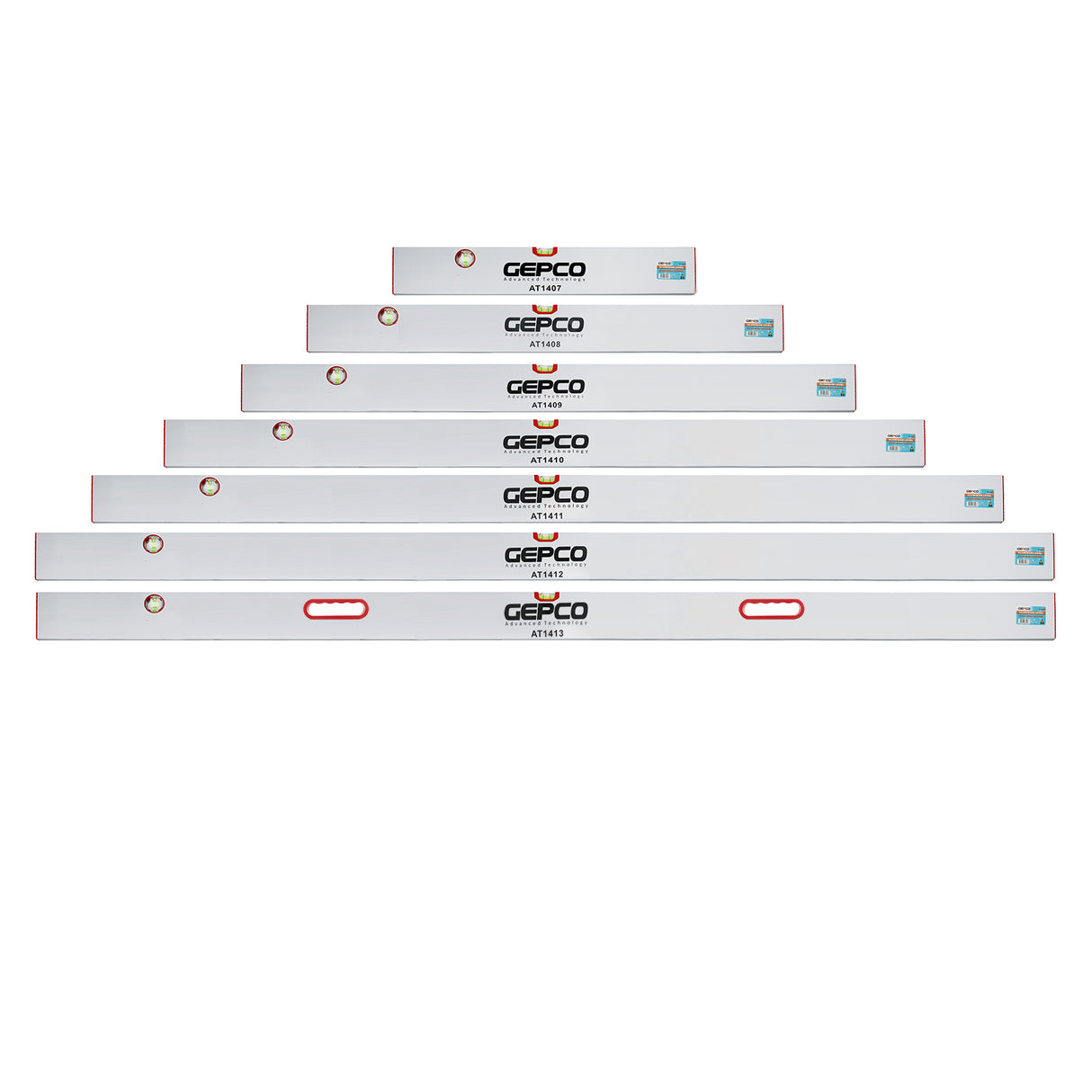 Jeu de 7 règles GEPCO 60-100-120-150-180-200 cm en aluminium, 2 fioles et niveaux à bulle