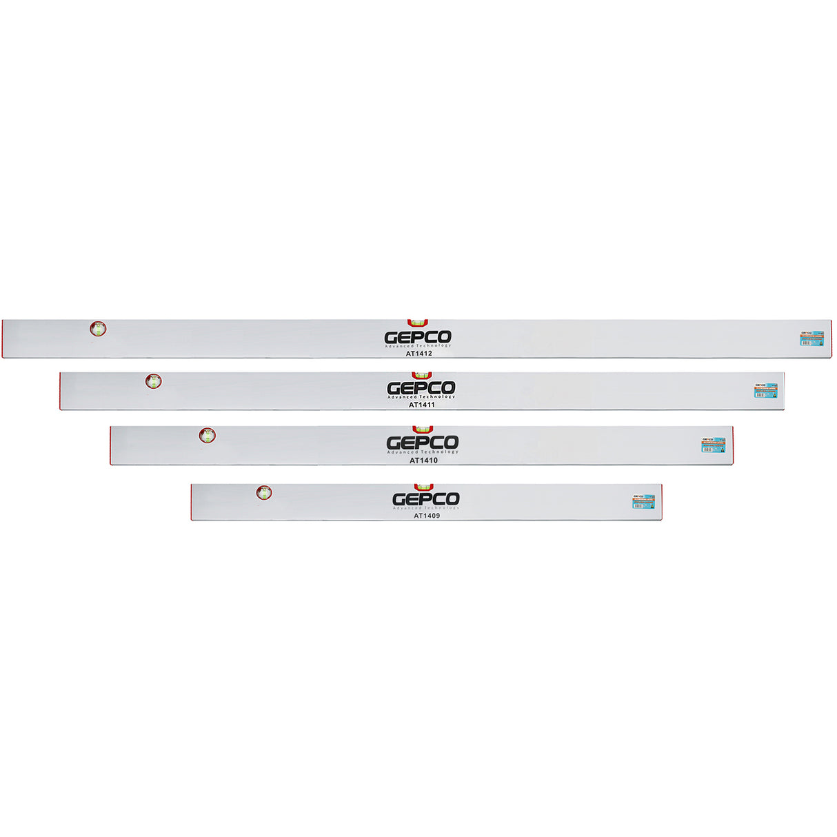 Jeu de 4 règles GEPCO 120-150-180-200 cm en aluminium, 2 fioles et niveaux à bulle