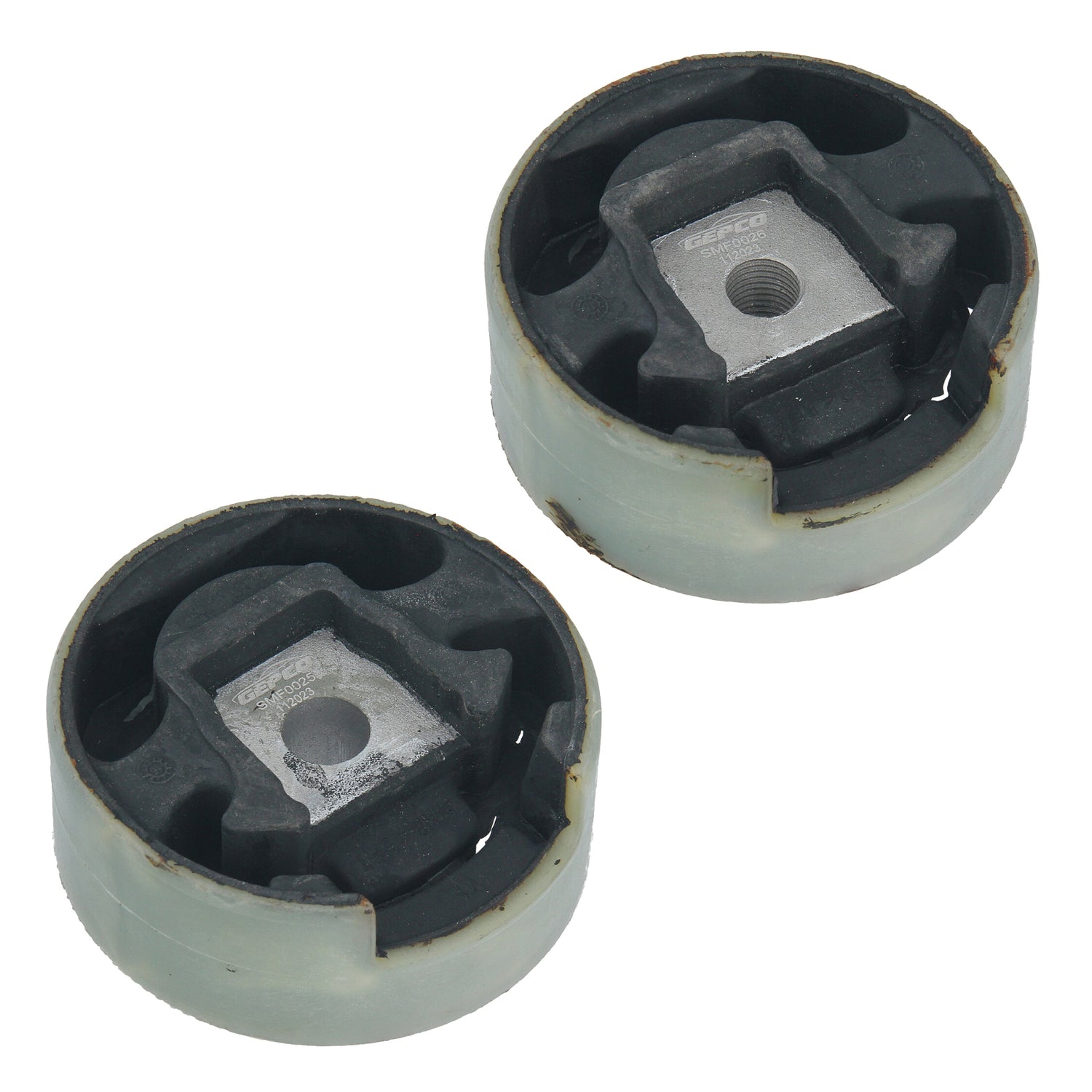 2-piece rear engine mount set for Audi, Seat, Skoda, and VW. Product overview showing both upper and lower mounts.