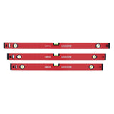 Studio image displaying the 3-piece GEPCO Aluminum Spirit Level Set, featuring 80cm, 90cm, and 100cm lengths. Constructed from lightweight and durable aluminum, these levels are ideal for a variety of tasks where shorter lengths are beneficial. Includes precision vials for accurate leveling at horizontal, vertical, and 45-degree angles. Red and black design scheme. Suitable for DIY enthusiasts and professionals needing compact level sizes