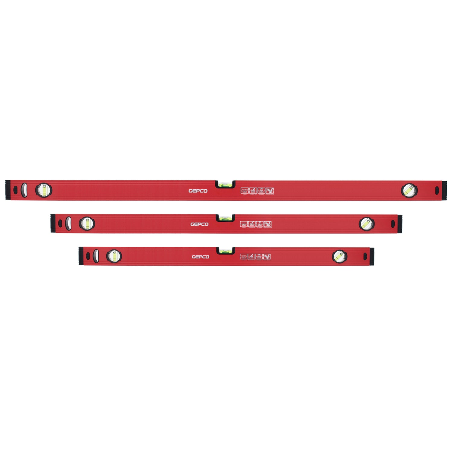 Studio image showcasing the 3-piece GEPCO Professional Aluminum Spirit Level Set. Includes 90cm, 120cm, and 180cm levels, constructed from lightweight yet durable aluminum. Features precision vials for accurate horizontal, vertical, and 45-degree leveling. Ideal for builders, carpenters, and serious DIY enthusiasts. Red and black color scheme