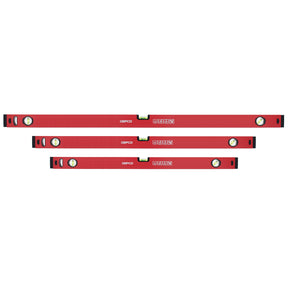 Studio image showcasing the 3-piece GEPCO Professional Aluminum Spirit Level Set. Includes 90cm, 120cm, and 180cm levels, constructed from lightweight yet durable aluminum. Features precision vials for accurate horizontal, vertical, and 45-degree leveling. Ideal for builders, carpenters, and serious DIY enthusiasts. Red and black color scheme