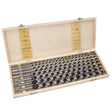 Image of the GEPCO Advanced Technology 8-piece auger drill bit set displayed in its wooden storage case. Set includes sizes from 6mm to 20mm, ideal for professional woodworking and DIY. Durable and organized storage solution included