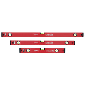 A complete set of 3 GEPCO professional aluminum spirit levels, perfect for accurate measurements in any project