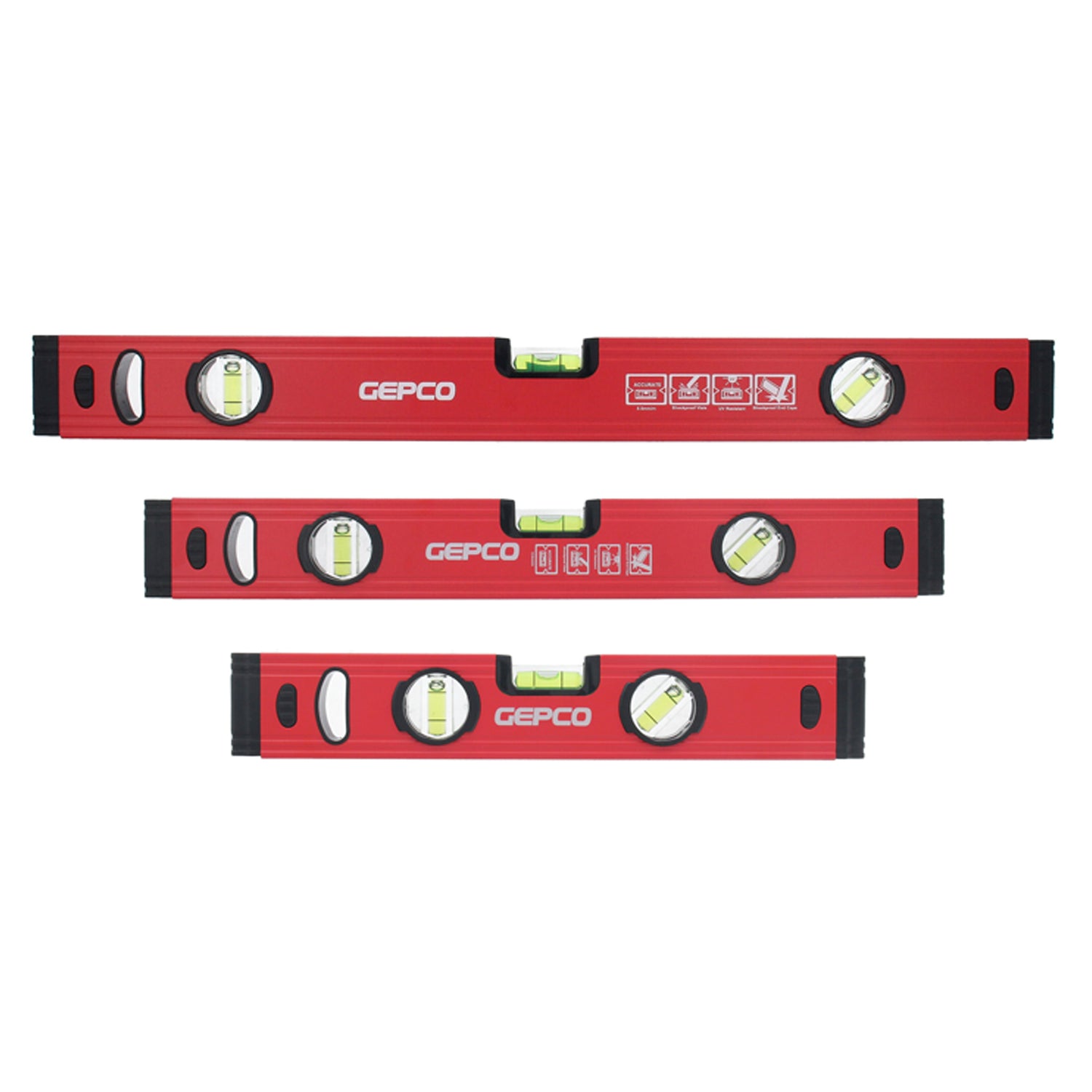 The GEPCO 3-piece spirit level set, made from durable aluminum, ensures accurate measurements for DIY enthusiasts and professionals.