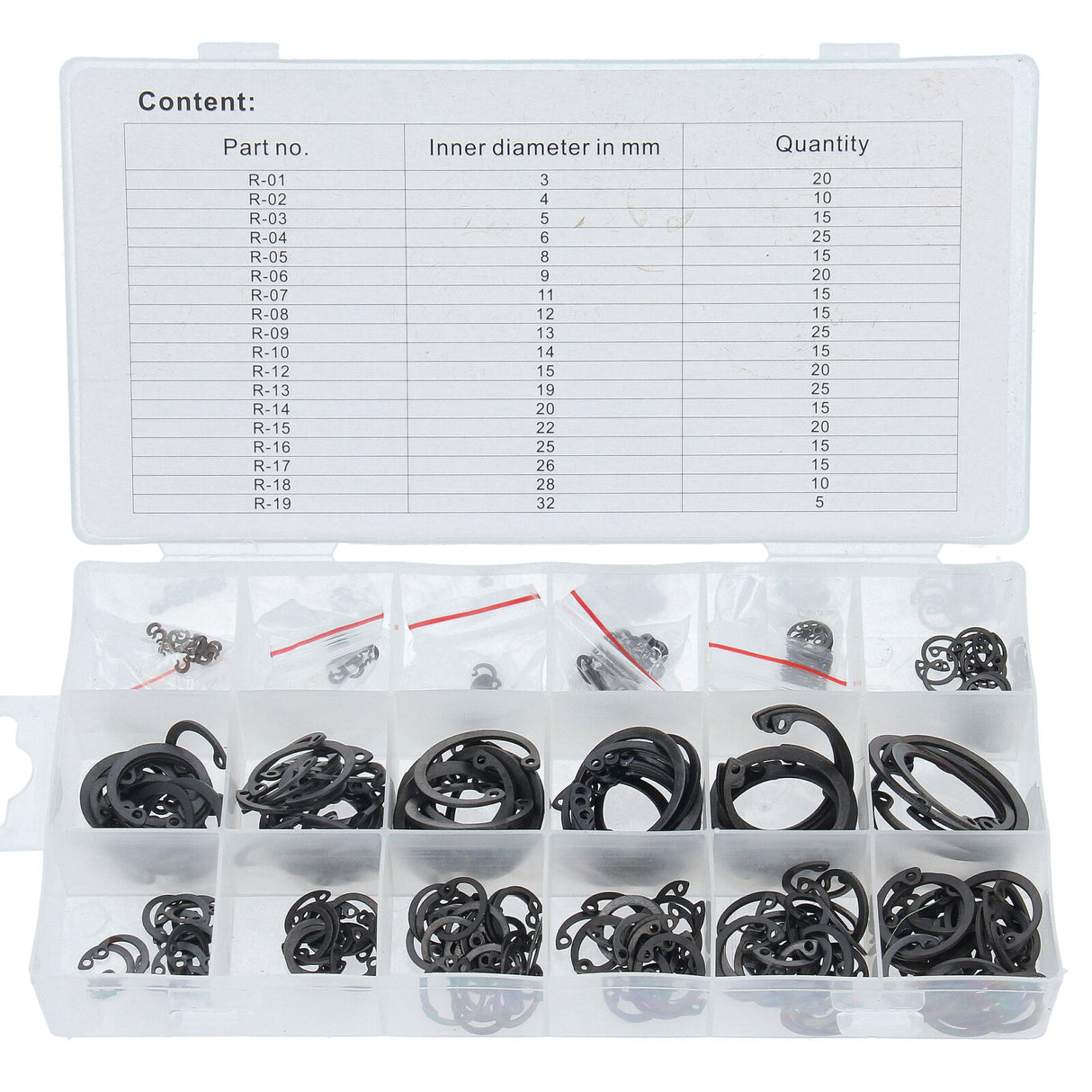 Assortiment de 300 circlips internes Ø3-32 mm + jeu de pinces de verrouillage