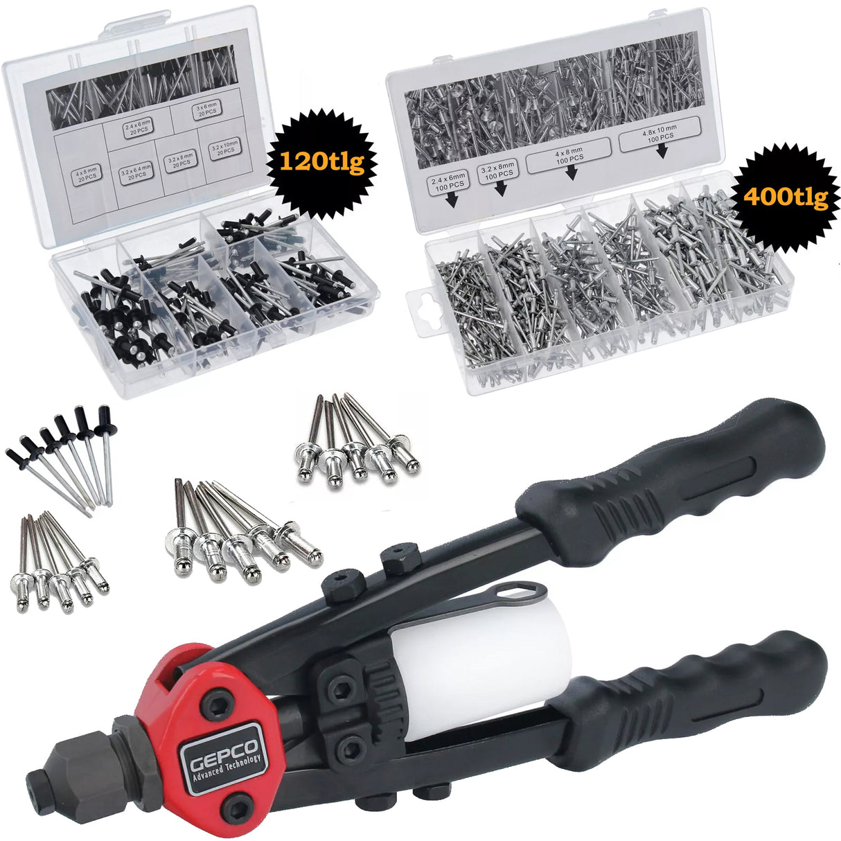 Jeu de pinces à rivets aveugles professionnelles avec boîte de 520 pièces (400 + 120 rivets aveugles)