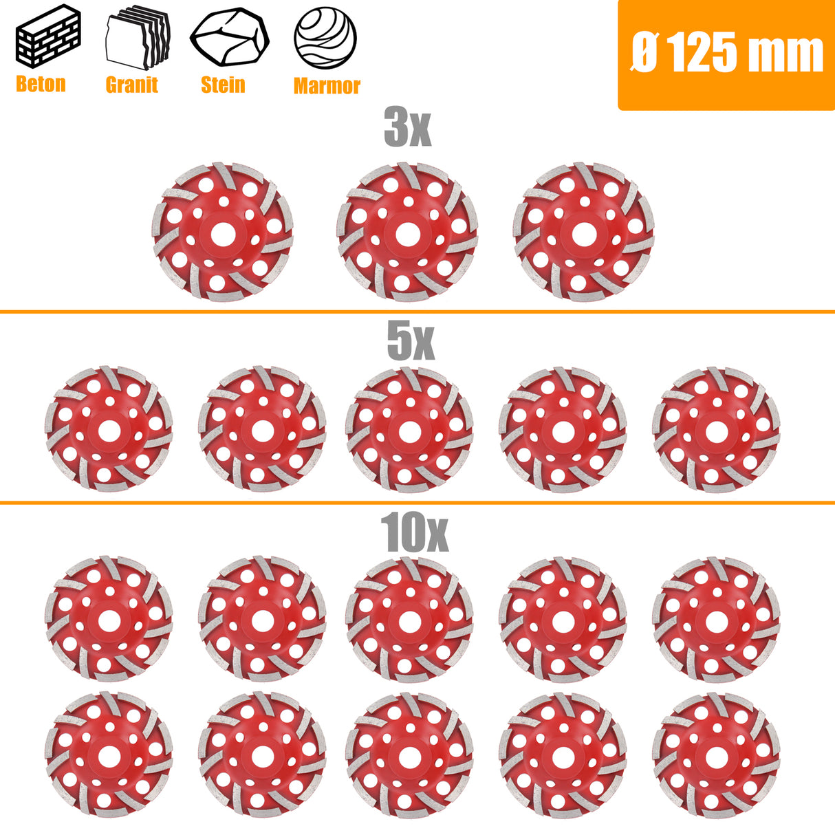 Disque de meulage diamanté 3/5/10 à double rangée Turbo pour béton Ø 125 mm Rouge