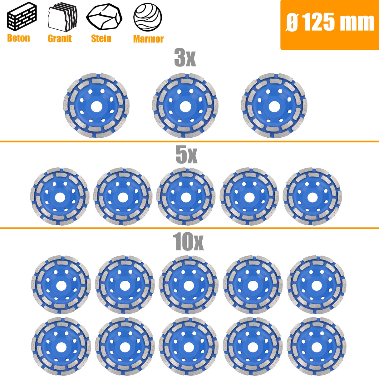 Disque de meulage diamanté pour béton, bleu foncé, 125 mm, 3/5/10