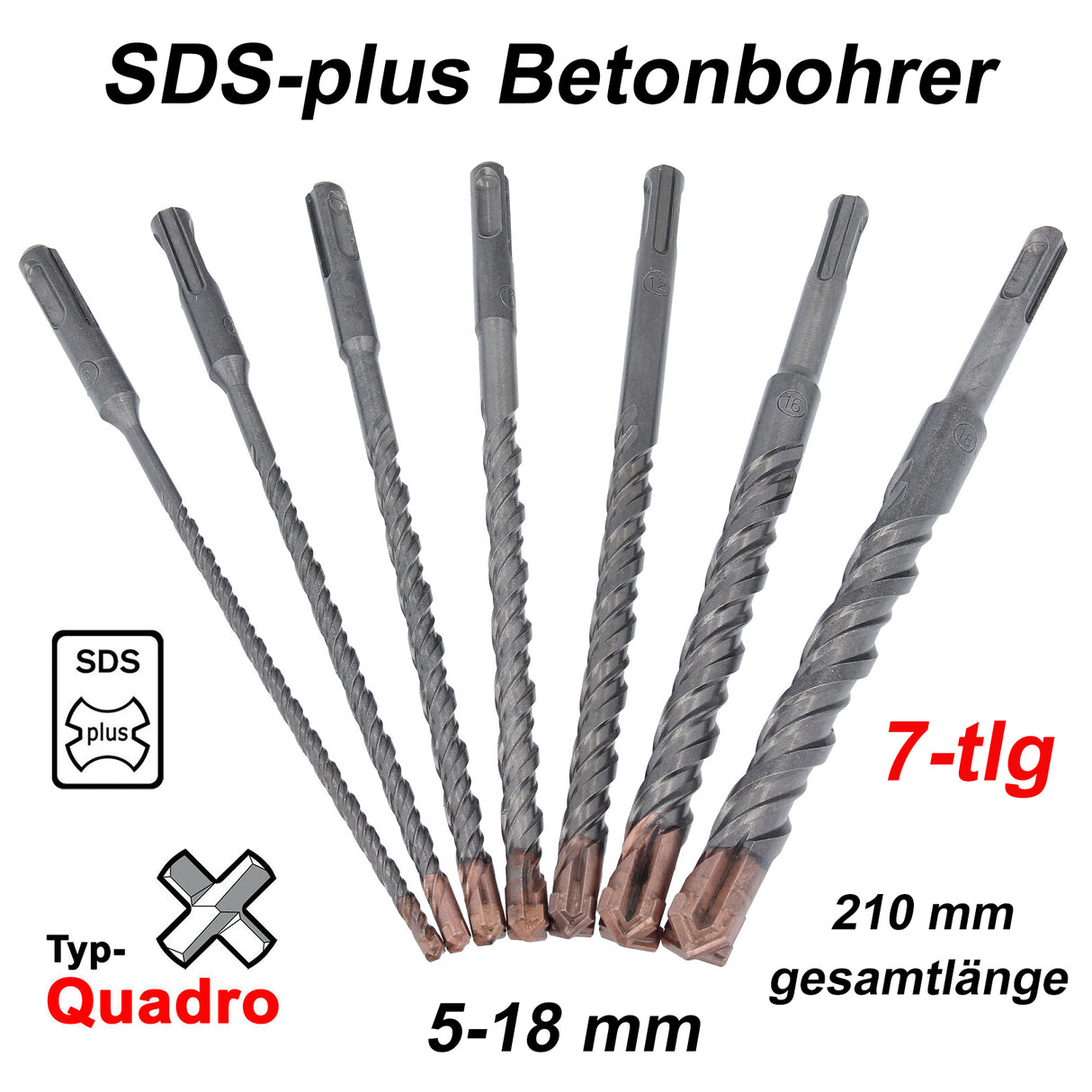 Coffret de forets à béton SDS-plus 7 pièces Perceuse à percussion Quadro 5 mm - 18 mm longueur 210 mm