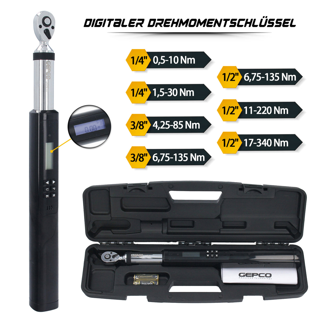 Clé dynamométrique électronique 1/4" 3/8" 1/2" jusqu'à 340 Nm LED numérique professionnelle