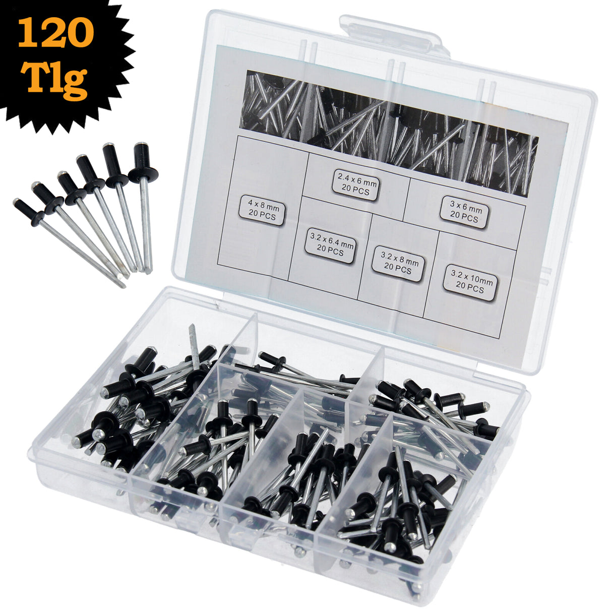 Assortiment de rivets aveugles 2.4 3.0 3.2 4.0 rivets pop à tête plate en aluminium/acier 120 pièces