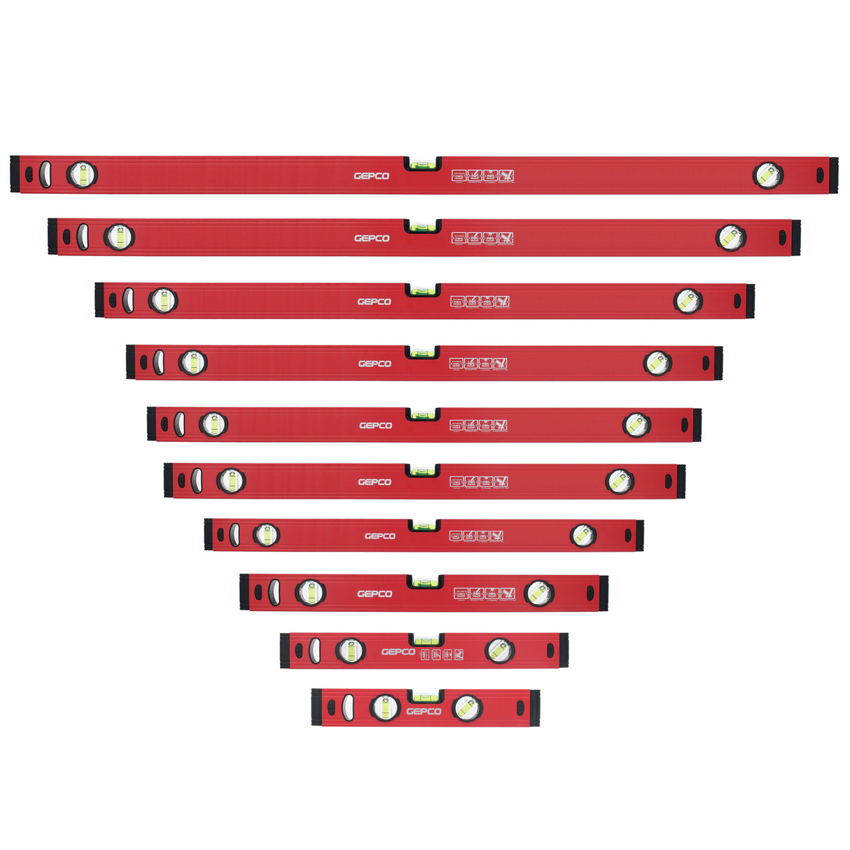 Jeu de 10 niveaux à bulle 30-40-50-60-80-90-100-120-150-180 cm, aluminium 1.2