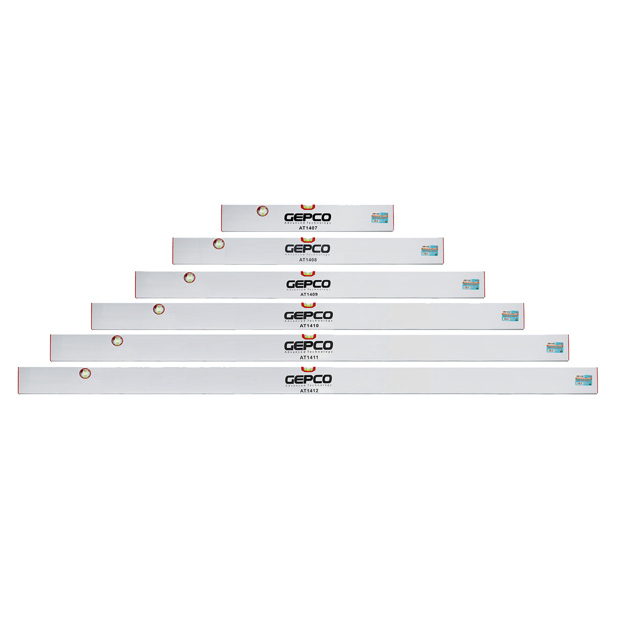 Jeu de 6 règles GEPCO 60-100-120-150-180-200 cm en aluminium, 2 fioles et niveaux à bulle