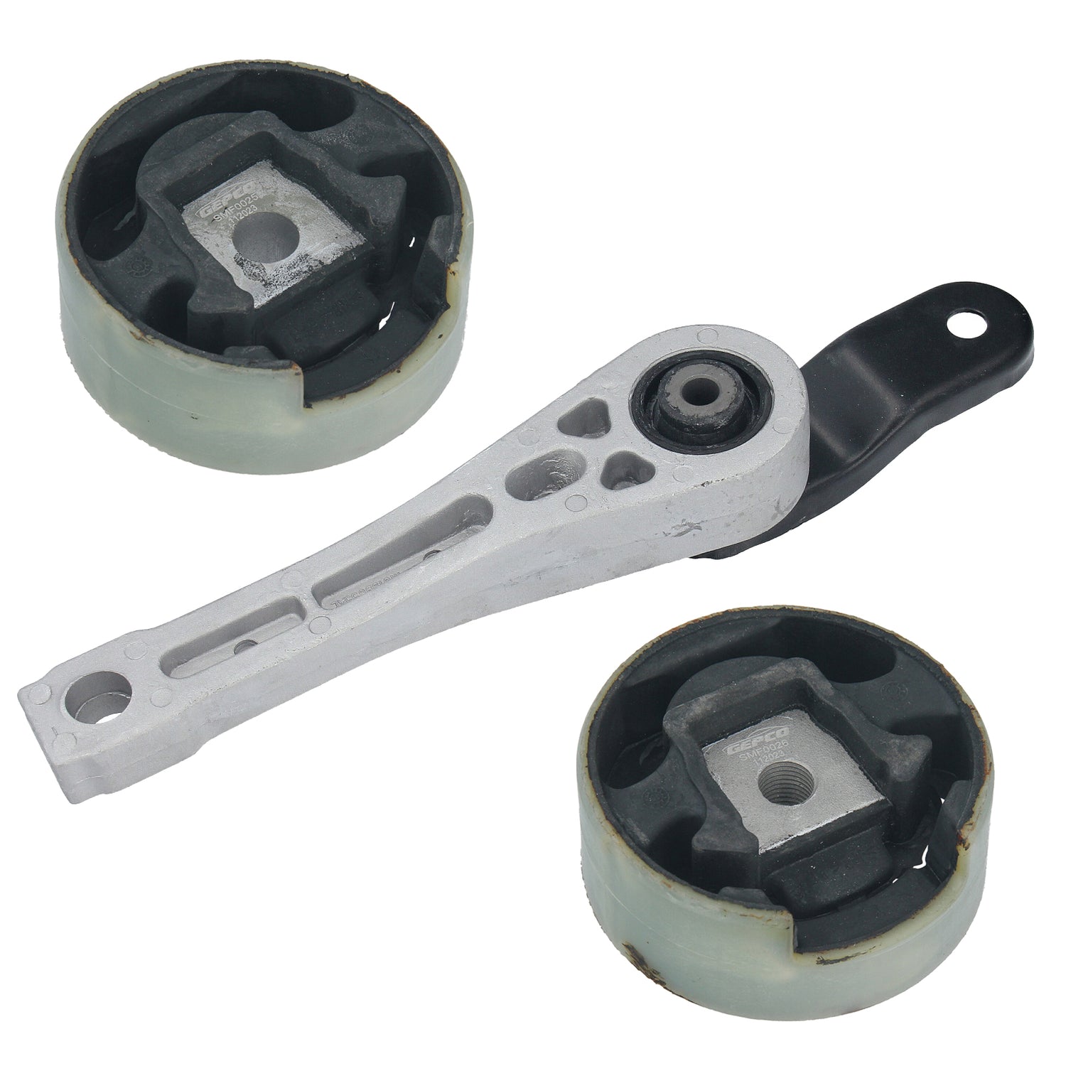 piece rear engine mount set for Audi, Seat, Skoda, and VW. Complete kit view, upper and lower mounts included.